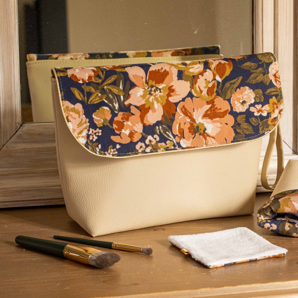 trousse toilette femme vintage fleurs retro bleu