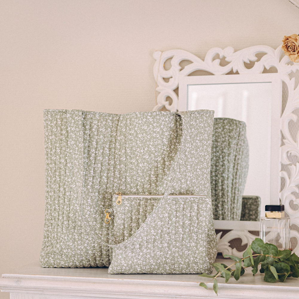 grand sac matelassée fleurs floral vert amande blanc femme