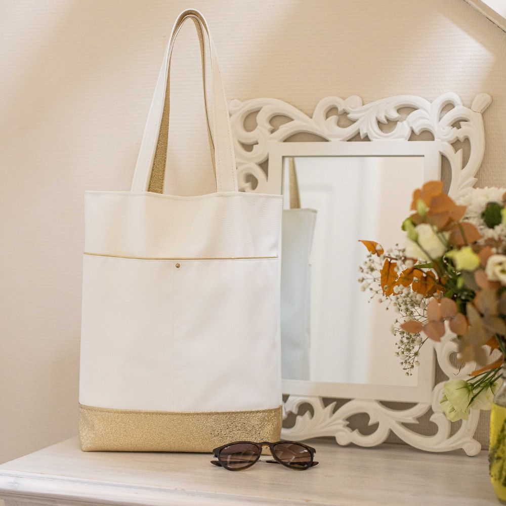 sac tote bag cabas femme élégante simili cuir végan blanc or doré