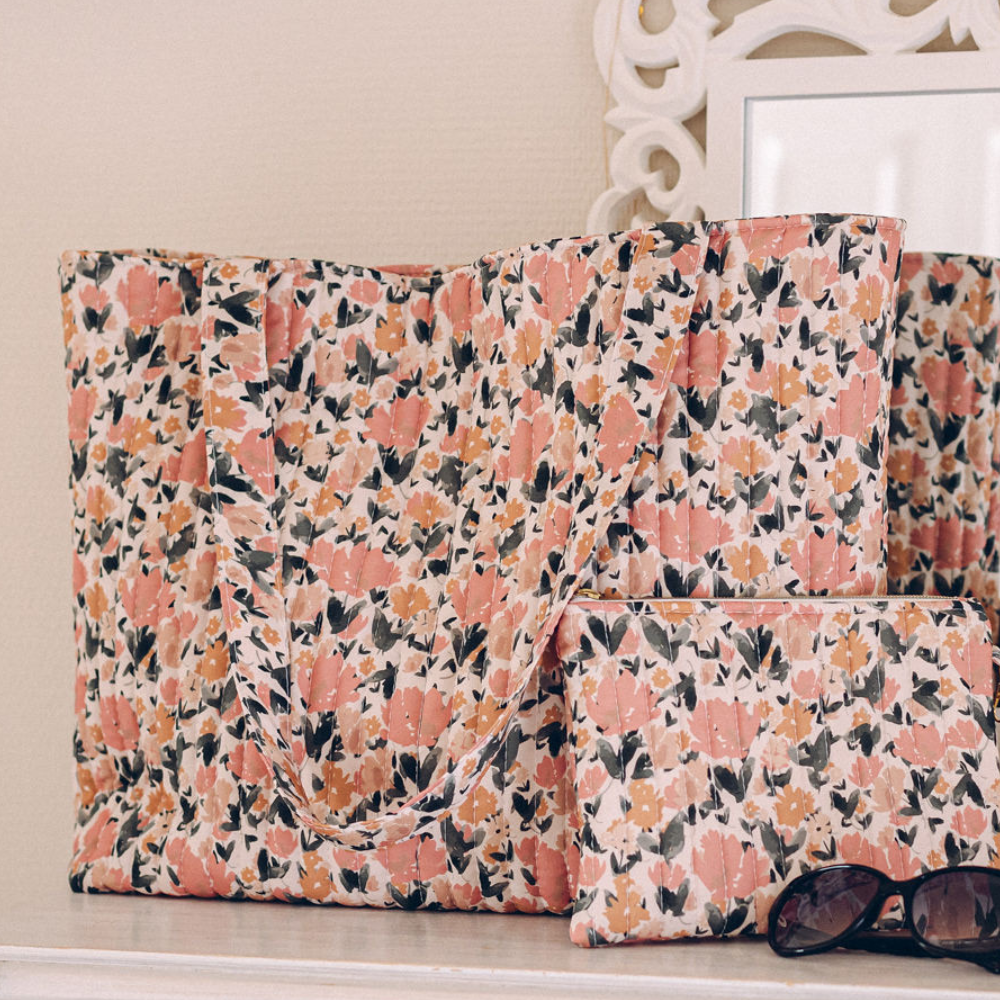 grand sac femme coton fleurs liberty week-end nude rose vert