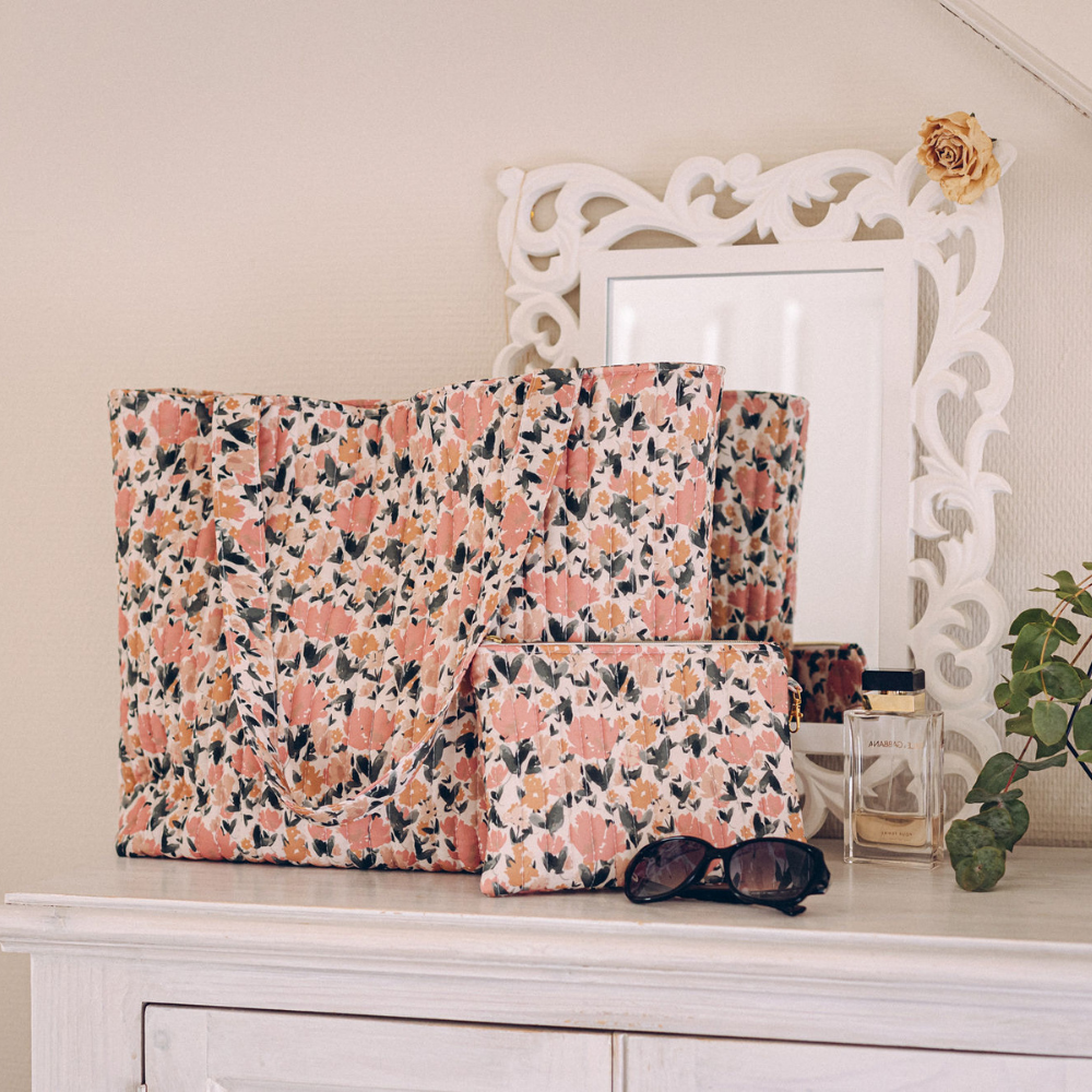 grand sac femme coton fleurs liberty week-end nude rose vert