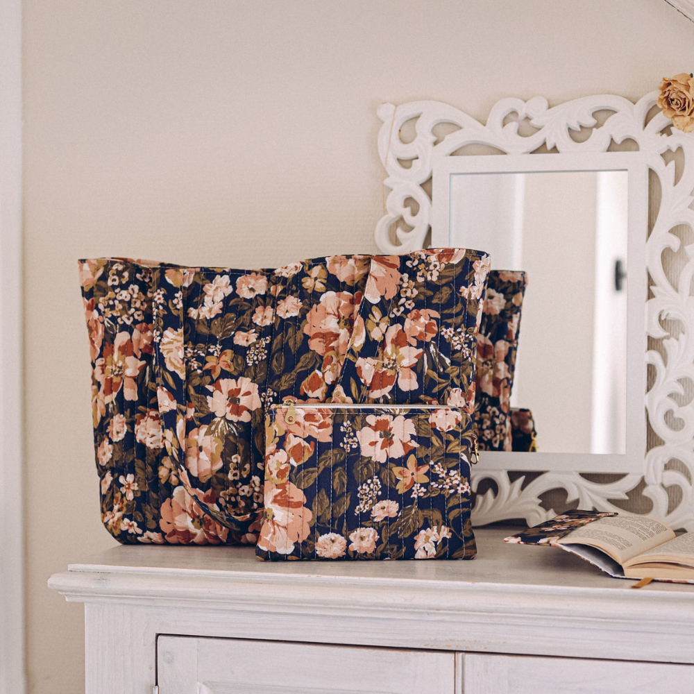 grand sac femme coton fleurs rétro week-end bleu nuit nude