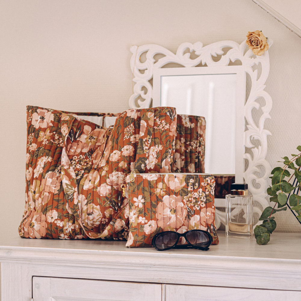 grand sac femme coton fleurs rétro week-end terracotta